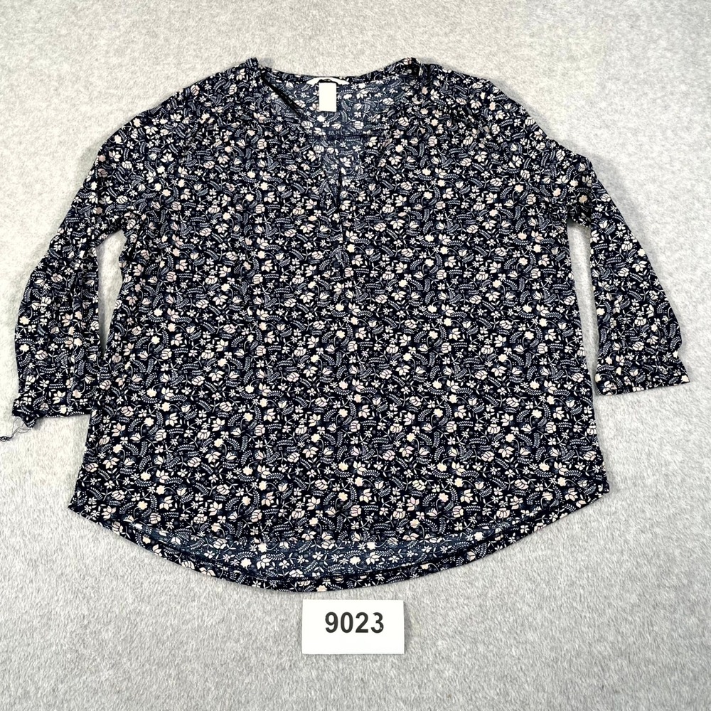 H&M Blouse Top Womens Large Black Floral Long Sleeve V Neck Casual‎ Outdoor